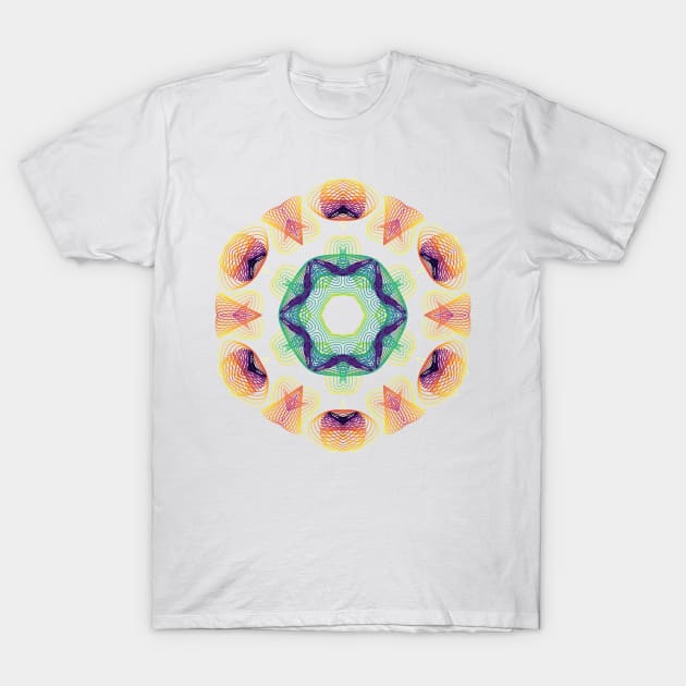 Wormhole Kaleidoscope | Harmonograph Green Blue Yellow White T-Shirt by aRtVerse